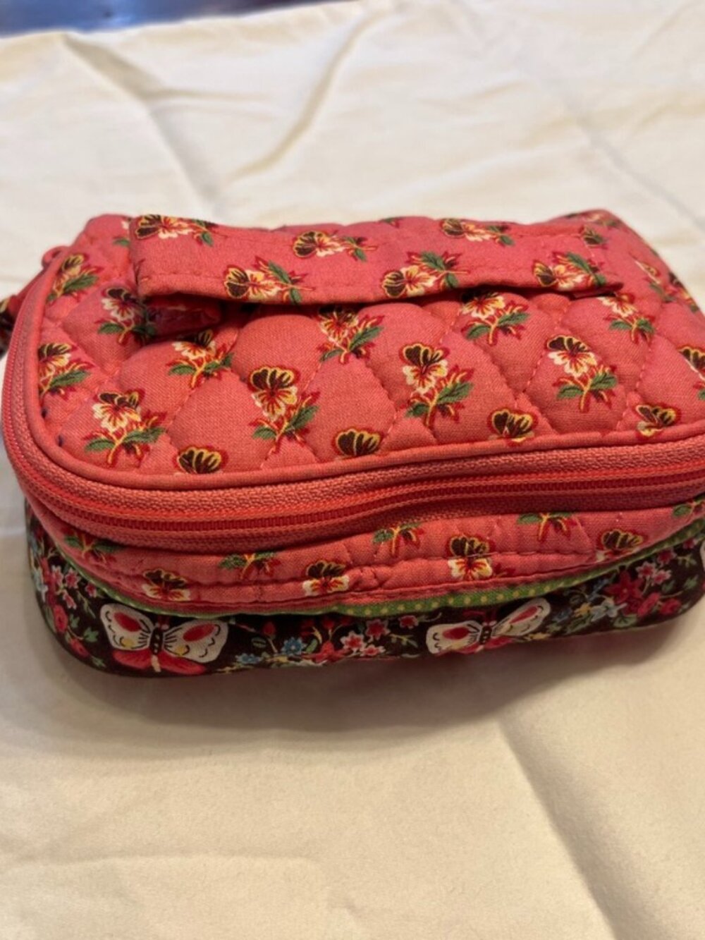 Vintage Vera Bradley "Pink Pansy" Quilted Jewelry / Cosmetic Travel Pouch Case